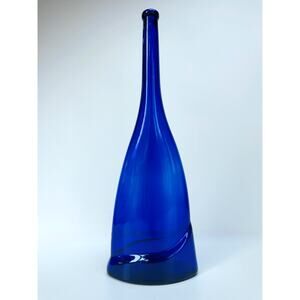 Vintage Cobalt Blue Flattened Glass Bottle Vase 19 Inch
